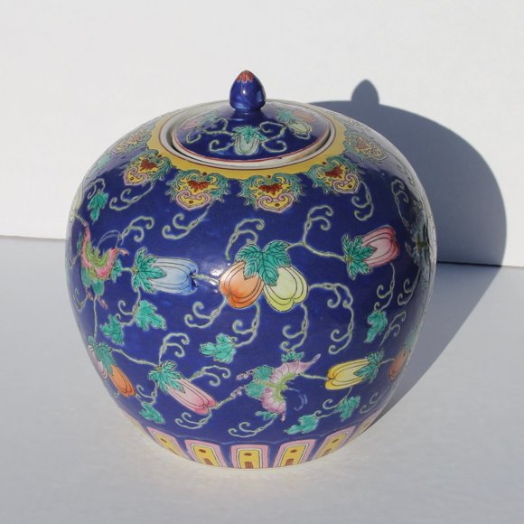 Cobalt Blue Ginger Jar, Melons & Butterflies, Mid 20th C, Excellent Condition! - Picture 5 of 7